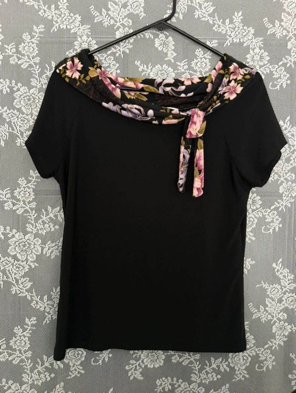 Carol Rose Black Solid Short Sleeve Pullover Tie Accent Top